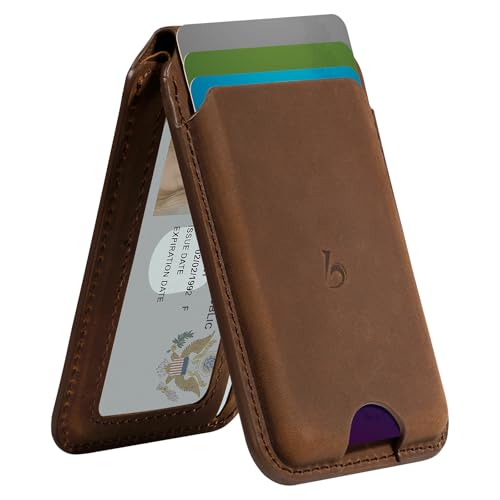 Belemay Strong Magnetic Wallet for MagSafe with Adjustable Stand Crazy Horse Leather Card Holder Up to 5 Cards RFID Blocking Slim for iPhone 17/16/15/14/13/12 Series Men & Women - Vintage Brown