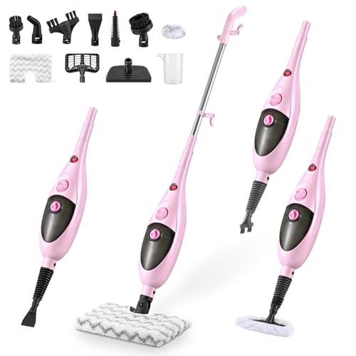 12-in-1 Steam Mop Cleaner, 15-Sec Fast Heat-Up, 1200W Floor Steamer with Double-Sided Pads, Removes 99.99% Stubborn Stains for Hardwood Floors, Marble, Clothes, Windows, Tiles, Black and Pink