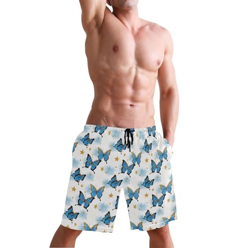 Quick Dry Blue Butterflies with Golden Men's Swimming Shorts Swim Trunks with Mesh Lining Beach Wear - S4