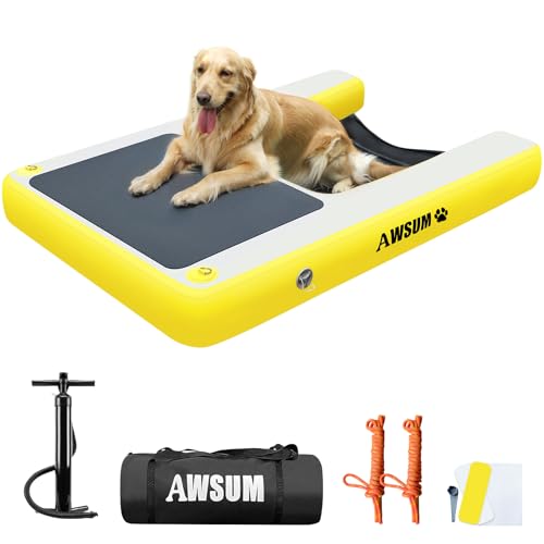 AWSUM Aufblasbare Hunde-Wasserrampe 1,2 m x 1,0 m Hundeboot-Rampe schwimmend für Hunde bis zu 81,6 kg auf Wasser Schwimmleiter Stufen für Pool, Dock, Seen, Gelb