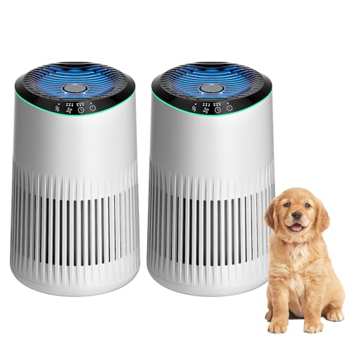 Air Purifier for Bedroom Home with Sleep Mode for Smoke Pet Dander Odors, Small Air Purifier with Fragrance Sponge, Blue Ambient Light, 23dB Quiet, 1 Type 2 Pack White