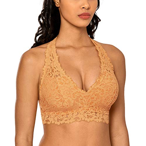 DOBREVA Women s Lace Bralette Halter High Neck Wireless Bra Plunge Lightly Padded Top Party Peach Medium