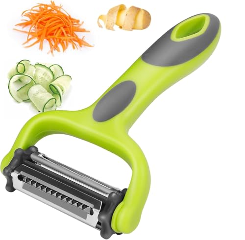 Image of Panchhi Store 3 in 1 Multifunction Peeler Vegetable Fruit Tool with Stainless Steel Blades Julienne Serrated Straight Cutter Ergonomic Handle Kitchen Peeler for Salad Potato Carrot Cucumber