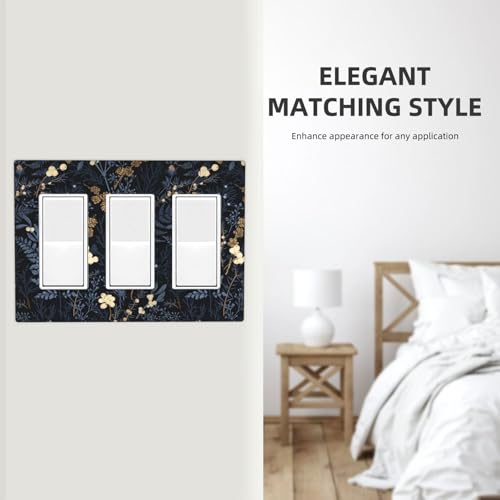 Decorative Outlet Covers Rustic Navy Dark Blue Leaves Golden Floral 3 Gang Outlet Cover Wall Plate Triple Rocker Light Switch Cover Plate Switch Plate Covers for Bedroom Home Decor