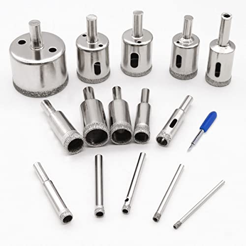 Image of 15 Pcs Diamond Hole Saw Drill Bit Set,Glass Drill Bit for Bottles, Porcelain, Marble Cutting (3 /4 /5 /6 /8 /10 /12 /14 /16 /18 /20 /22 /25 /26 /42mm) O-031