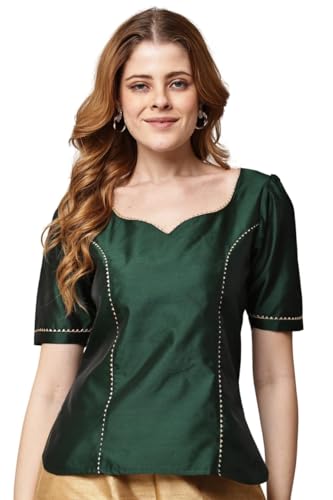 9 Beautiful Blouse Back Neck Designs for Hariyali Teej 2026 17 Prim & Style Elegant Emerald Green Silk-Blend Blouse with Elbow-L...