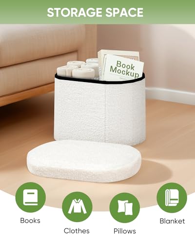 Image of B FSOBEIIALEO Storage Ottoman for Dorm Room, Boucle Folding Storage Ottoman Foot Rest, 16.14 Inches Small Collapsible Ottoman Cube for Living Room White Cream