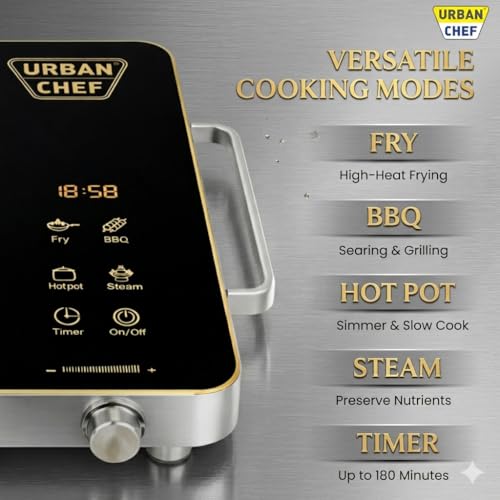 Image of Urban Chef Infrared Cooktop, 2000W Portable Electric Stove, Touch Panel, Fast Heating, Silver and Black, for Home and Travel