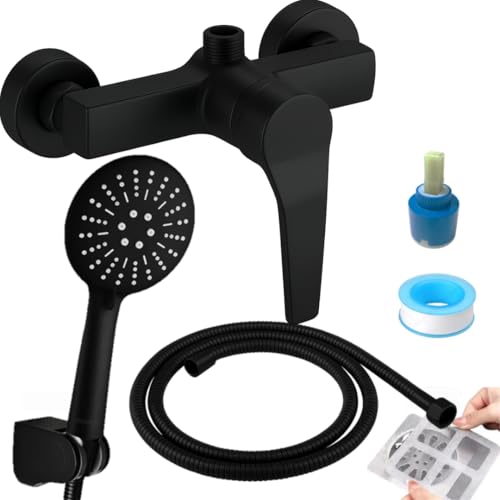 Grifo Ducha Monomando Negro Mate · Baño Minmalista, Sofisticado y Moderno · Cabezal Redondo con 3 Modos · Manguera 1,5m · Antihuellas · Cartucho Repuesto Cerámico · Kit Resistente y Duradero