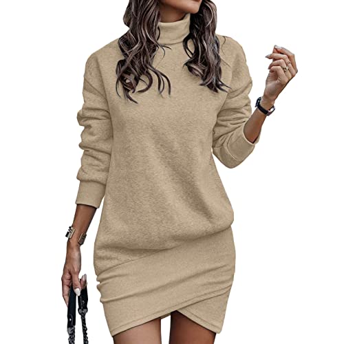 Generisch Pullover Kleid Damen Herbst Winter Warm Pulloverkleid Plüsch Sweatkleid Lang Kleider Longpullover Freizeitkleid Rollkragen Dress Langarm...