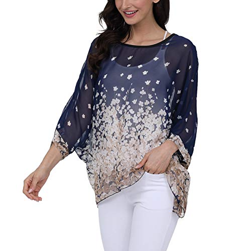 Image of Ckikiou Plus Size Batwing Flowy Semi Sheer Chiffon Blouse Tunic for Women Summer Floral Print Boho Beach Cover ups