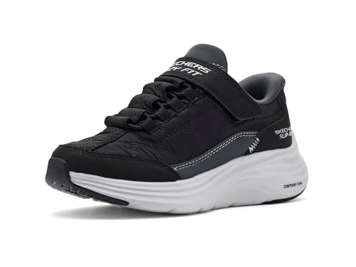 Skechers Contour Foam Cozy Fit Slip-in Sneakers with Air-Cooled Memory Foam, Black Textile/Black Synthetic/White Trim, 3H
