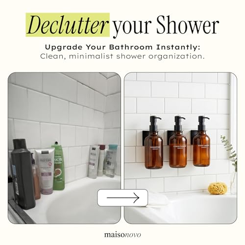 Image of Shampoo and Conditioner Dispenser Wall Mounted Set of 3 Amber Black - No Drill Shower Soap Dispenser for Bathroom Refillable - Spa Hotel Style Accessories by MaisoNovo