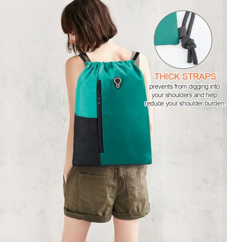 Image of BeeGreen Marrs Green Drawstring Backpack Gym Bag For Men & Women - Sports Sackpack with Mesh Water Bottle Holder & 2 Zippered Pockets - Large 16x20 Inch Cinch String Backpack