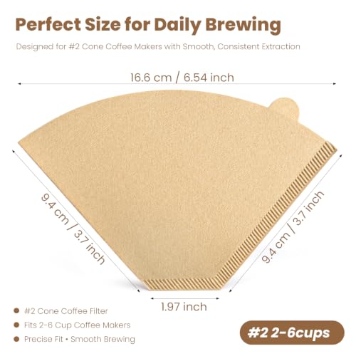 Image of 200 Count #2 Cone Coffee Filters, Unbleached Natural Paper | Disposable Coffee Filters for Most 2-6 Cup Coffee Makers, Fits Drip Coffee Maker & Pour Over Brewers Cone-Style Baskets