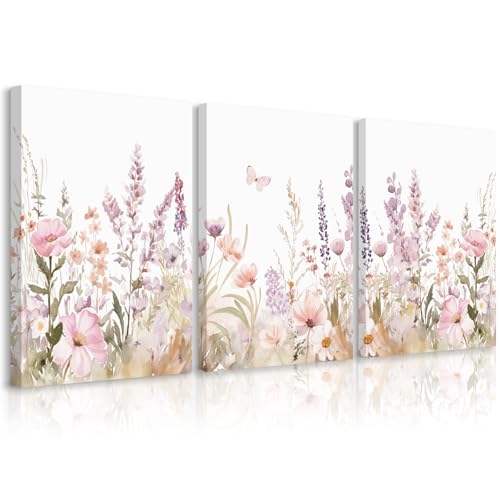 Image of Nursery Girl Floral Wall Art Watercolor Wildflower Canvas Wall Decor Pruple Pink Flower Pictures Nursery Floral Art Prints Girl Room Wildflower Poster for Bedroom Bathroom 12x16x3 Inch Ready to Hang