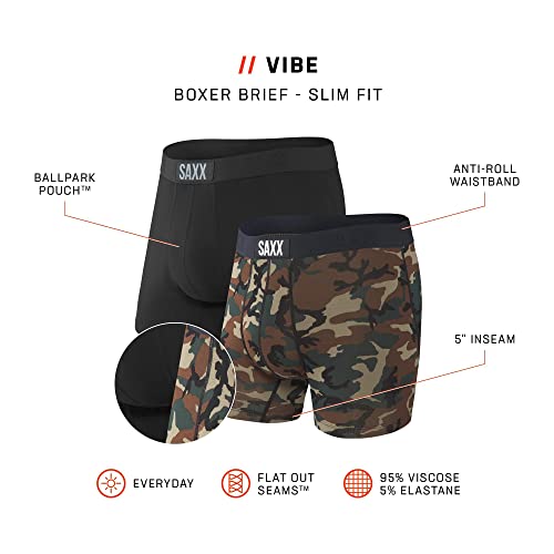 Saxx Underwear Men's Boxer Briefs – Vibe Men’s Underwear – Boxer Briefs With Built-In Ballpark Pouch Support – Boxer Briefs, Pack Of 2,Black/Wood Camo,X-Large #TOP3