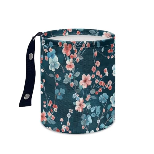 Image of Blue Pink Floral Car Trash Bin Vehicle Trash Can - Portable Reusable Waterproof Multipurpose Car Organizer Road Trip Essentials
