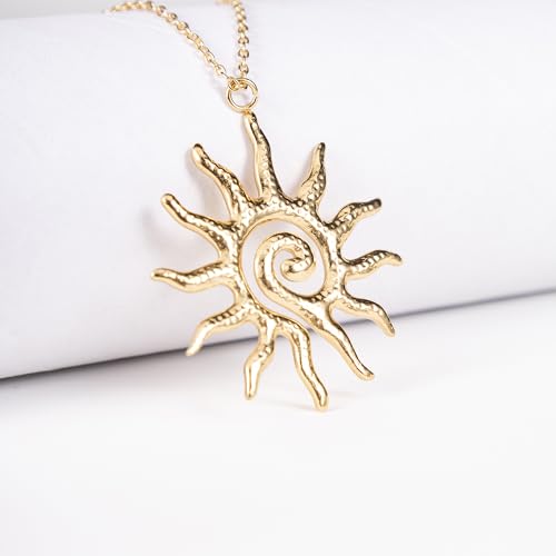Spiral Sun Pendant Necklace, Gold Plated, 33x40.5mm Pendant, 45+5cm Chain Length, Textured Celestial Design3