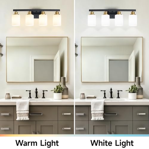 Image of Black and Gold Bathroom Light Fixtures 4-Light Vanity Lights 24in | White Frosted Ribbed Glass Shade Bathroom Vanity Lights Bathroom Lights over Mirror Wall Lamp for Restroom E26 Base