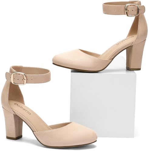 Image of 3 Inch Wide Width Chunky Heels for Women Closed Toe Heels Dress Shoes for Womens Round Pumps Ankle Strap Block Heel Bridesmaid Wedding Prom Party Comfortable (Run Large, Size Half Down)