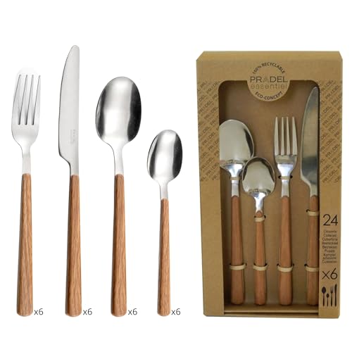 PRADEL ESSENTIEL - Ménagère 24 couverts de table pour 6 personnes - Bosquet - Acier Inoxydable 18/0, Finition Standard - Effet bois (Epaisseur 2 mm)