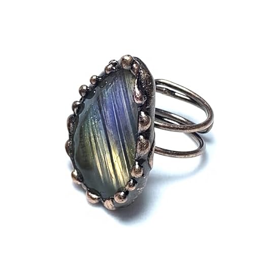 Bague vintage en cuivre avec labradorite et druzy au design antique