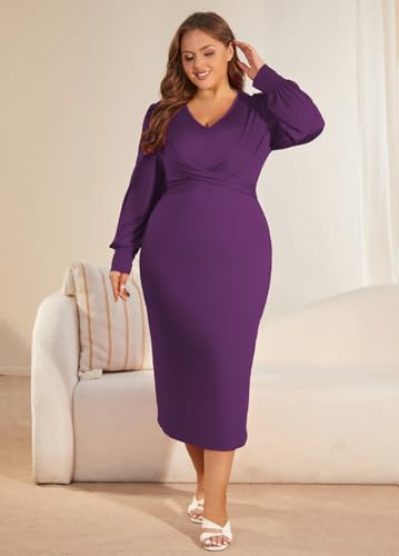 WUSENST Women's Long Sleeve Dress Casual V Neck Dresses Twist Waist Bodycon Cocktail Party Dress4