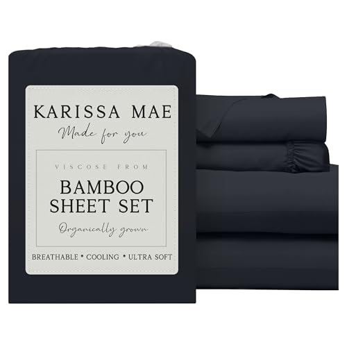 Image of KARISSA MAE Bamboo Viscose 34 inch Split Top King Size Sheet Set, FSC Certified | Single 34 inch Split Fitted Sheet | Sleep Number & Adjustable Bed | Cooling | 18 inch Deep Pocket w / Corner Straps [Black]