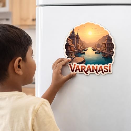 Image of Naxon Varanasi Kashi Vishwanath City Theme Souvenir Wooden Fridge Magnet | Spiritual City Design 3x3 Inch Refrigerator Magnet for Kitchen & Home Decor | Travel Gift from Varanasi | Pack of 1