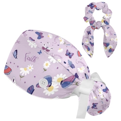 Image of Butterfly Scrub Cap Women with Ponytail & Buttons Adjustable Surgical Nurse Hat with Cotton Sweatband for Long Hair