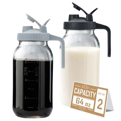 Image of 64oz Glass Pitcher with Lid - 2 Quart Mason Jar Pitcher with Spout, Leak-proof Milk Container for Refrigerator, Easy to Clean Wide Mouth Water Jug, Juice, Tea, Iced Coffee, Beverage and Drinks
