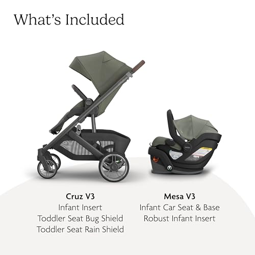 Image of UPPAbaby Cruz V3 Stroller + Mesa V3 Car Seat Travel System Combo - Toddler Seat, Bumper Bar, Bug and Rain Shields, Car Seat Base, and Infant Insert Included - Evelyn (Meadow Green)