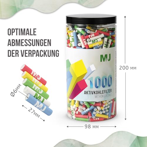 Mari & Juan 1000 Aktivkohlefilter 6mm Slim Size I Aktivkohlefilter dünne Filter mit Aktivkohle aus Kokosschale, 1000 Stück, bunt I Vorratspack I Schadstoffärmeres Raucherlebnis