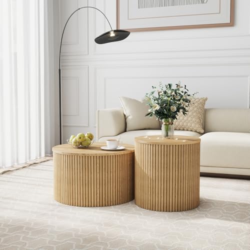 HAIZAO Nesting Coffee Table Set of 2, Modern Round Oak Wood Coffee Table with Built-in Storage, Mid-Century Accent Side Table for Living Room, Kitchen, Small Apartment