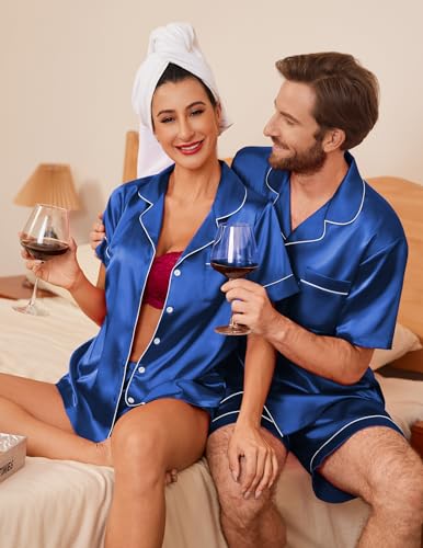 Image of Ekouaer Couple Matching Pajamas Sets Silk Short Sleeve Button Down Sleepwear Satin Pjs Shorts Set Soft Loungewear S-XXL