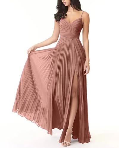 RYANTH Chiffon Wedding Guest Dress 2025 Elegant V Neck Pleats A Line Bridesmaid Dress with Slit Maxi Dress BW0063
