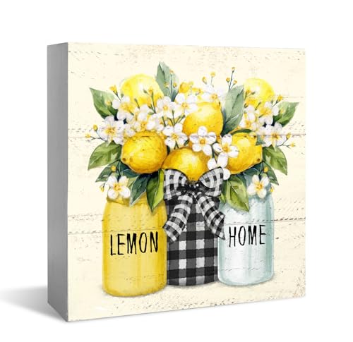 XDFVL Retro Summer Mason Jar Lemon Wooden Box Sign, Lemon Home Farmhouse Home Decor, Living Room Bedroom Shelf Flowers Leaves Shelf Desk Decorations 5 x 5 Inches