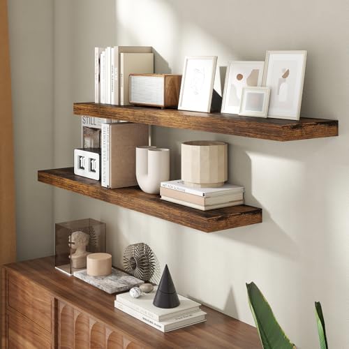 Image of 48 Inch Floating Shelves for Wall, 8 Inch Deep Floating Shelf for Storage & Display, Wall Mounted Shelf with Invisible Brackets for Living Room, Kitchen, Bathroom, Home Decor, Set of 2, Rustic Brown