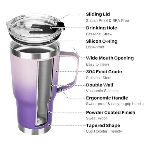 Image of 20 oz Tumbler with Handle, Stainless Steel Insulated Tumbler with Lid and Straw, Double Wall Vacuum Coffee Mug Tumbler, Insulated Coffee Thermal Cup for Cold and Hot (Light Dark Purple, 20, ounces)
