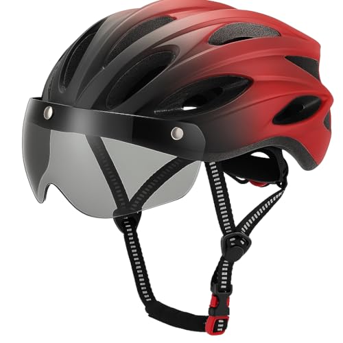 Image of Lista Adults Bike Bicycle Helmet Cycling /Climbing /MTB /BMX Adjustable with Removable Shield Visor /Safty Rear Led Light for Road Men&Women (Black red White)