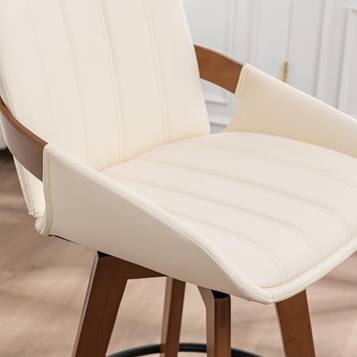 Image of AQG Bar Stools Set of 2, 29.5 Inch Mid Century Modern Bar Height Bar Chairs, Swivel Barstools with Walnut Craft, Faux Leather Upholstered Furniture for Island /Counter (Beige, 29.5 inch-2 PCS)
