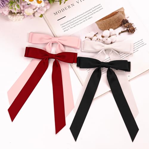 Jelyne 4Pcs Hair Clip Hair Bow For Women And Girls - Classic Silky Satin Ribbon Bow Clips With Long Tail thumb #3