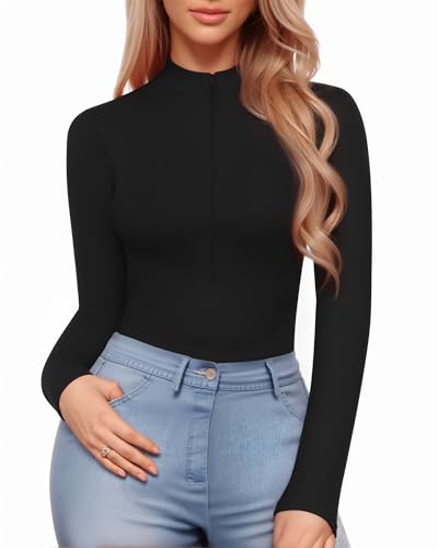 Image of Mangopop Women' Surplice Ruched Plunge Neck Deep-V Long Sleeve Bodysuit Jumpsuits
