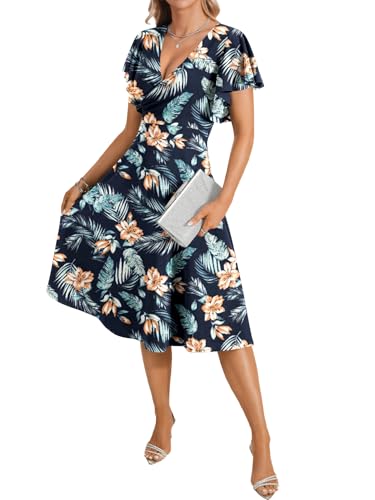Image of LYANER Women's Warp V Neck Ruffle Short Sleeve A Line Swing Flared Cocktail Party Midi Dress