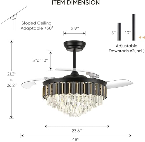 Image of 48'' Crystal Fandelier Ceiling Fan with Light, Black