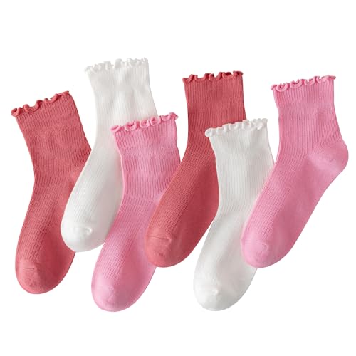 Image of 6 Pairs Ruffle Socks for Women Girls,Casual Cute Ankle Socks Breathable Knit Cotton Warm Soft Frilly Crew Sock