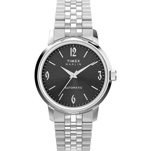 TIMEX Marlin Mechanical Automatic Watch for Man with Black Round Dial & Silver Stainless Steel Bracelet Band Water Resistant Men's Wrist Watches - TW2W93200UJ