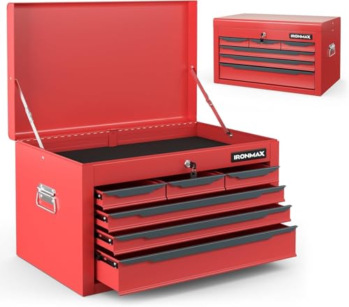 Large Metal Tool Box, ARNOT Tool Box with 6 Drawers & Top Tray, Heavy-Duty Steel Tool Chest with Auto-Locking Drawers and Side Handles for Garage & Workbench, Black (Red)
