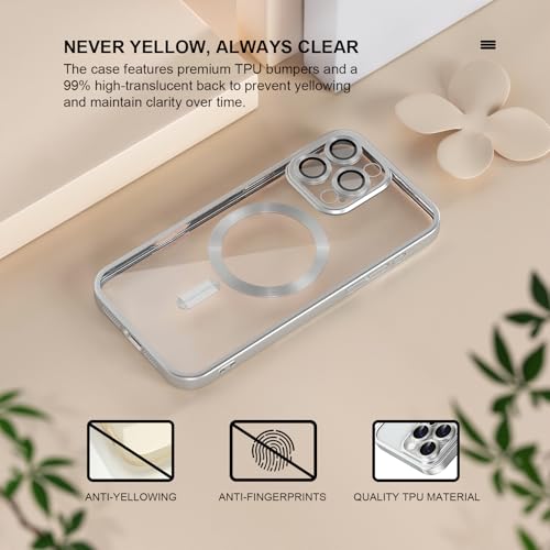 Image of Misea Magnetic for iPhone 16 Pro Case Compatible with MagSafe | Never Yellowing, Military Drop Protection, Full Camera Lens Protector Plating Soft Clear Phone Case Women, Titanium Silver
